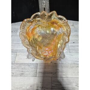 Indiana Glass Marigold Iridescent Carnival Glass Leaf And Berry Candy Dish